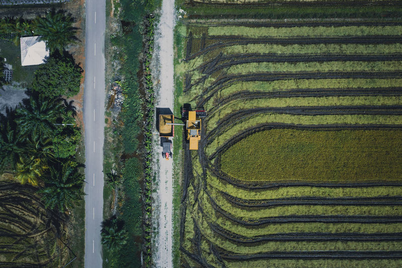 Directly above view of combine harvester on field