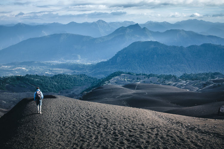 Rear view of male hiker walking on landscape
