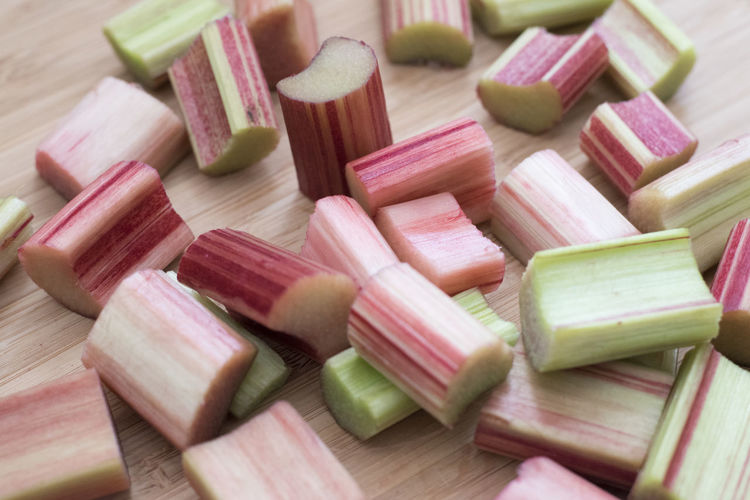 Close-up of multi colored rhubarb slices