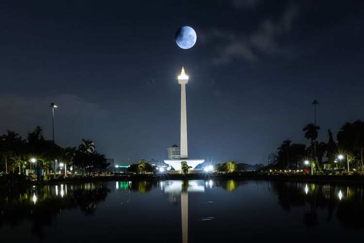 Reflection of illuminated lights in water at night