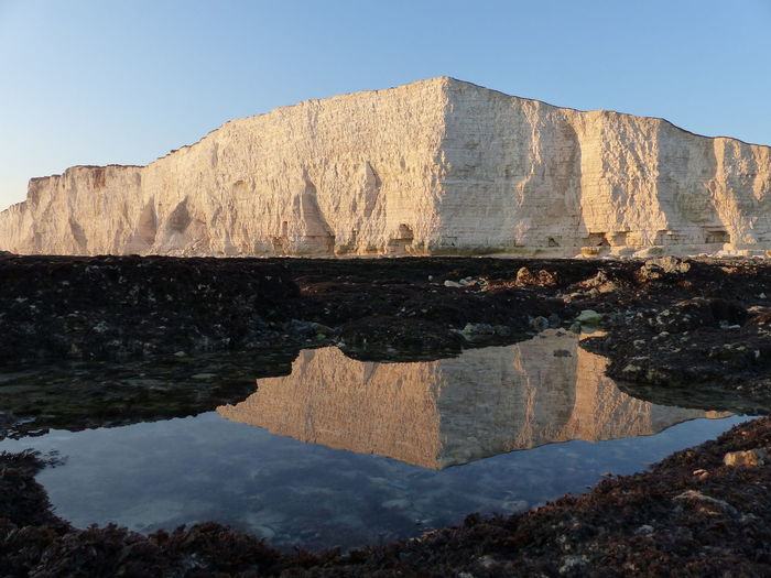 Reflection of cliff in water against sky