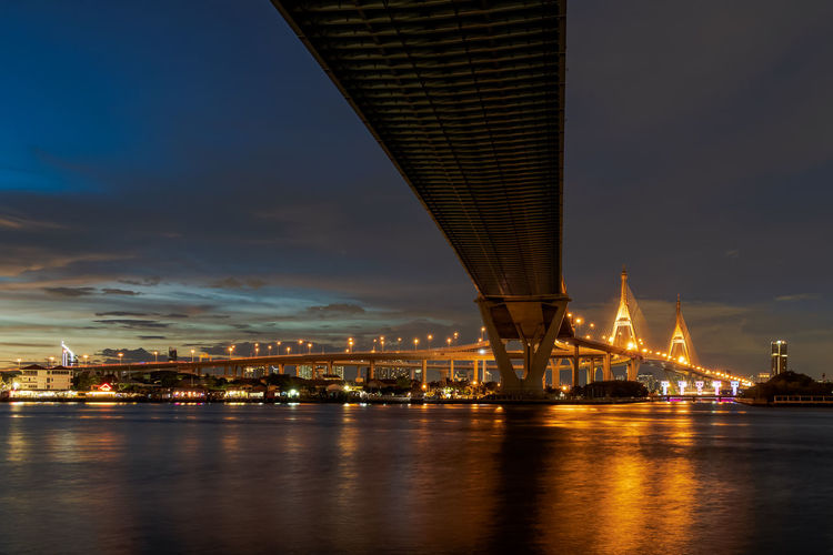 Large suspension bridge over chao phraya river at twilight