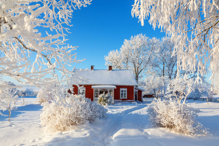 Idyllic red cottage in a beautiful winter landscape