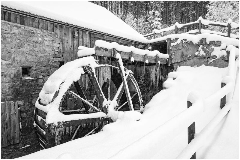 Snow covered built structure by building