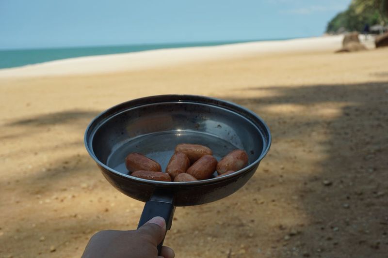 Cropped hand of person holding cooking pan with food at beach