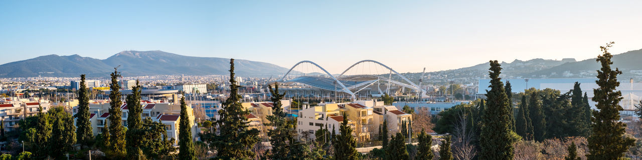 Athens, greece - february 17, 2020. panorama over the athens city and olympic stadium complex