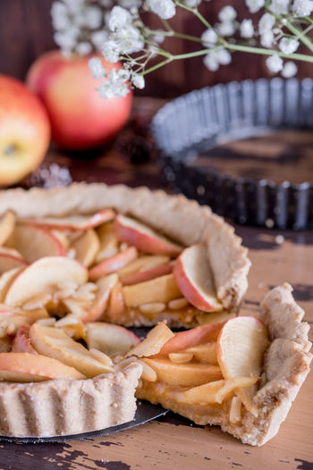 Close-up of fresh apple pie on table
