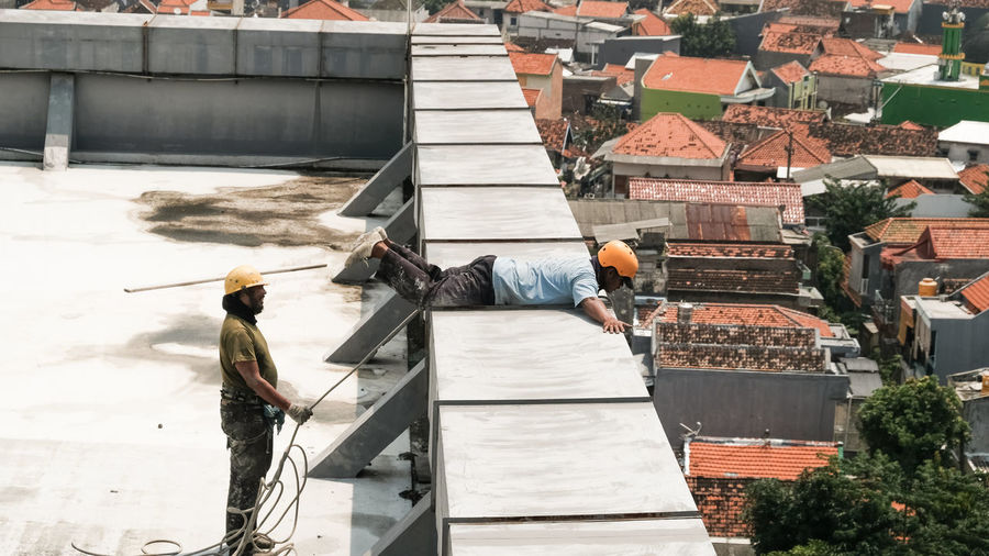 High angle view of worker working at construction site