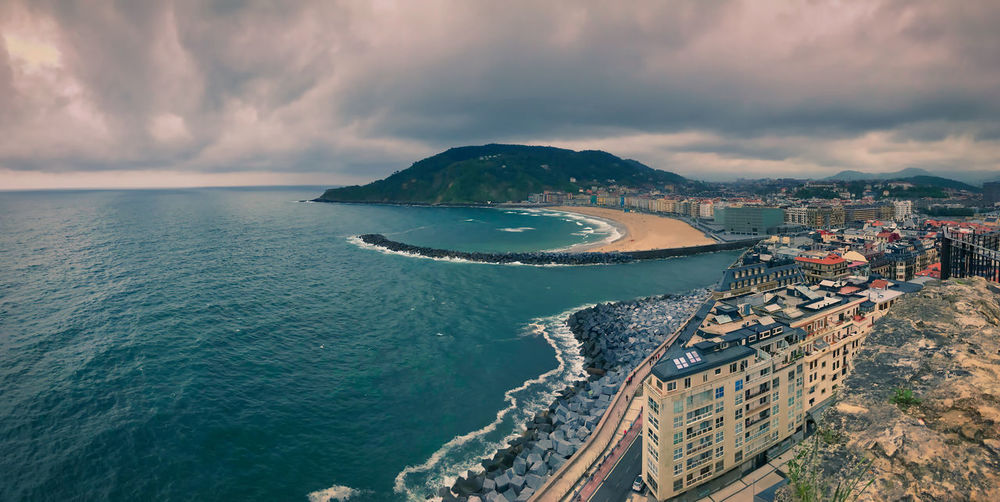 High angle view of beach against cloudy sky