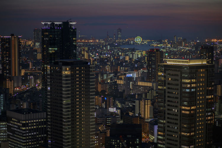 High angle view of osaka skyscraper against  dusky sky of osaka city japan