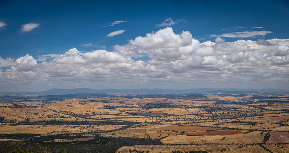 Scenic panorama of australian fields and wind farm in victoria, australia