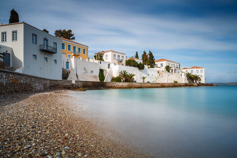 Traditional architecture in spetses seafront, greece.