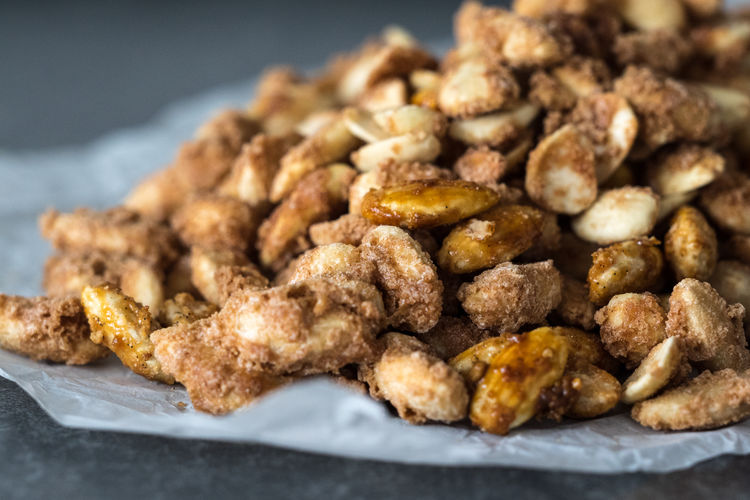 Close-up of candied almonds on table