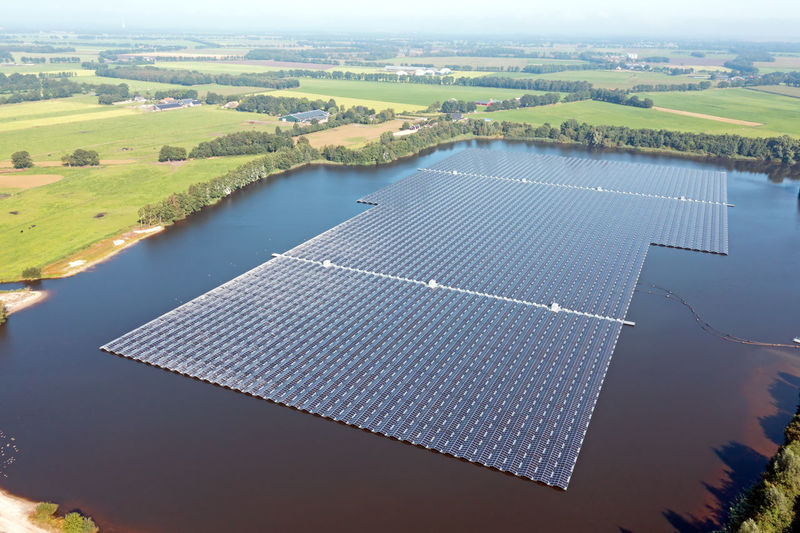 Aerial from solar panels on a lake in the countryside at beilen in the netherlands