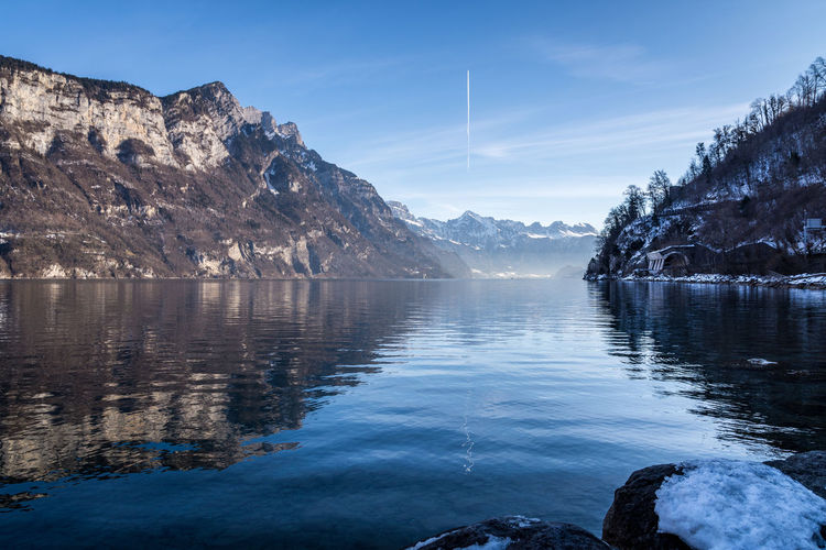 Scenic view of lake and mountains against sky