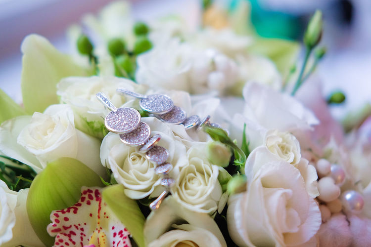 Close-up of white roses on bouquet