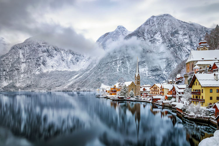 Scenic view of houses by snowcapped mountains and lake against sky