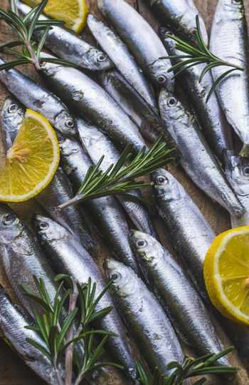 High angle view of fishes and lemon slices with rosemary on table