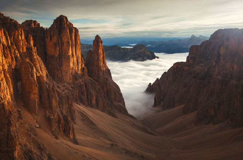 Scenic view of mountains against cloudy sky