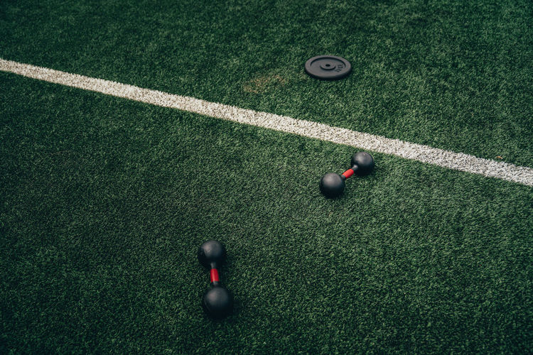 High angle view of soccer ball on field