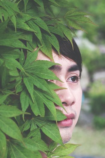 Close-up portrait of young man by tree
