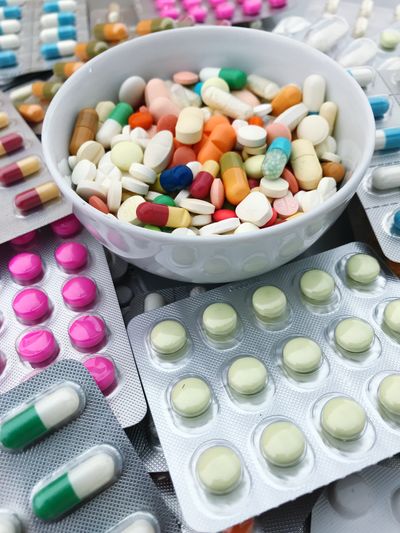 High angle view of multi colored medicines