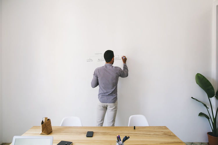 Man in office writing chart on wall