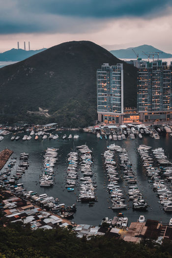 Aberdeen typhoon shelter, hong kong seen from brick hill nam long shan, in sunset time