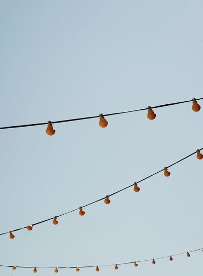 Low angle view of light bulbs hanging on cable against clear sky