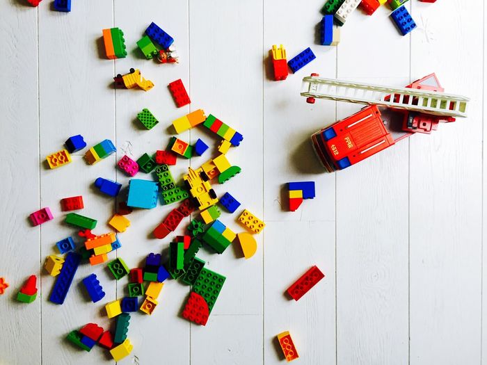High angle view of colorful toy blocks at home