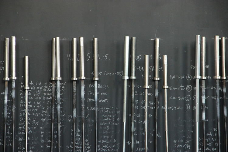 Barbells against blackboard with text