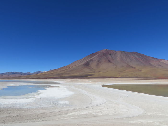 Barren landscape against mountain range