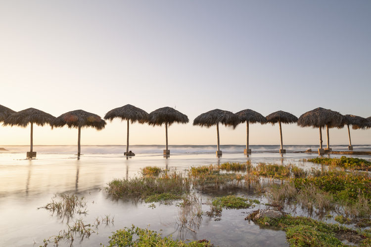 Scenic view of rustic umbrellas by sea against clear sky