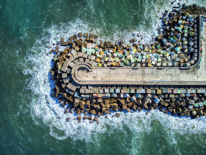 Aerial view of the cubes of memory by agustin ibarrola in llanes port, asturias in spain.