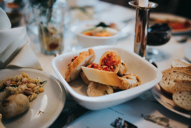 Close-up of food served in bowl on table