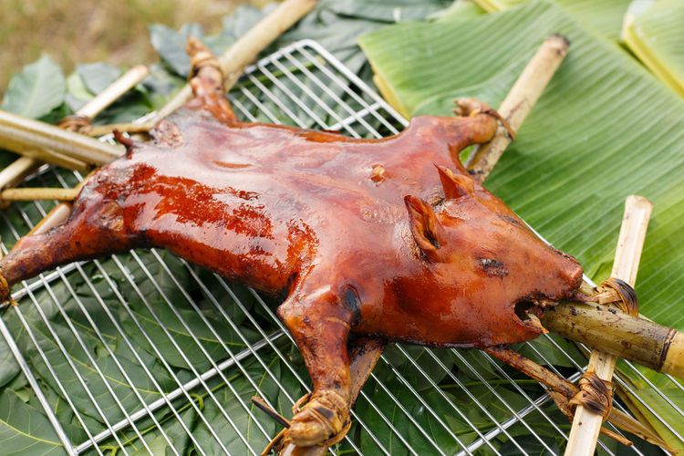 Close-up of a meat on barbecue grill