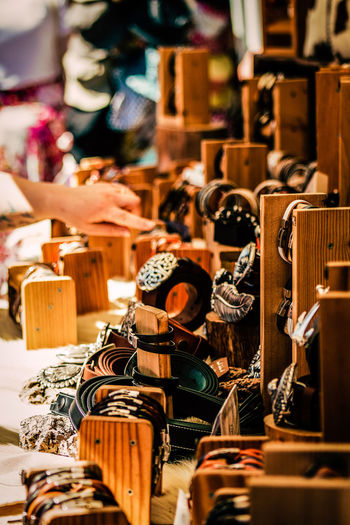Close-up of souvenirs for sale in market