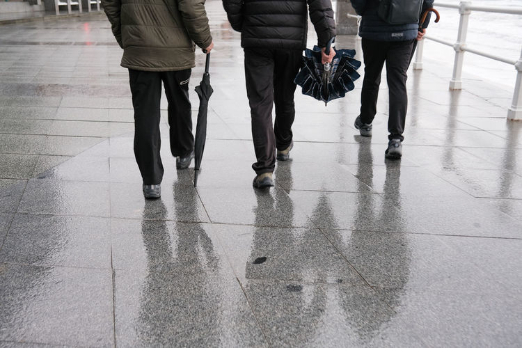 Low section of people walking on street