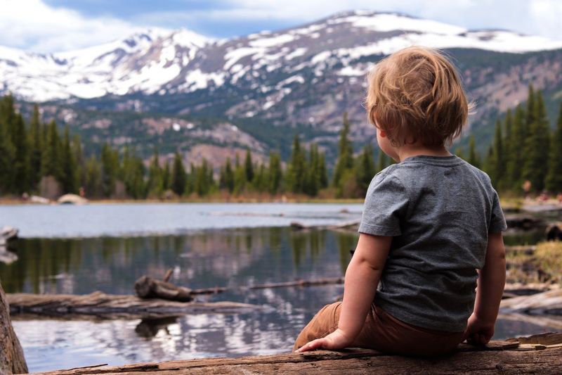 Rear view of boy looking at lake against mountains