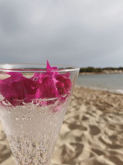 Close-up of drink in glass on beach
