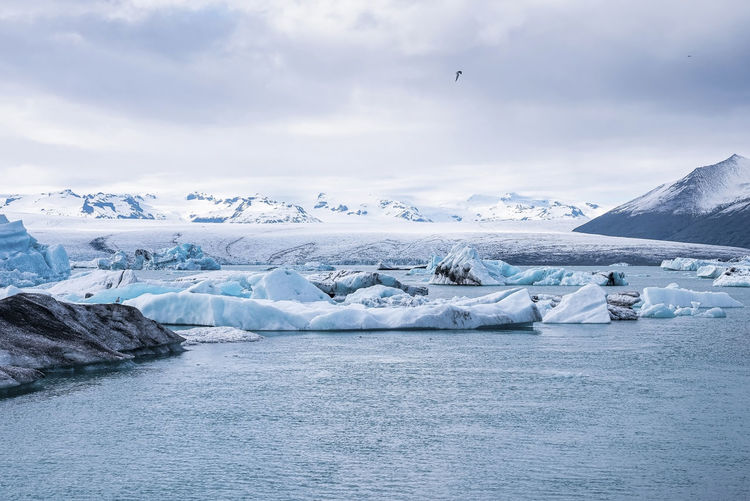 Idyllic view of beautiful icebergs floating in jokulsarlon glacier lagoon