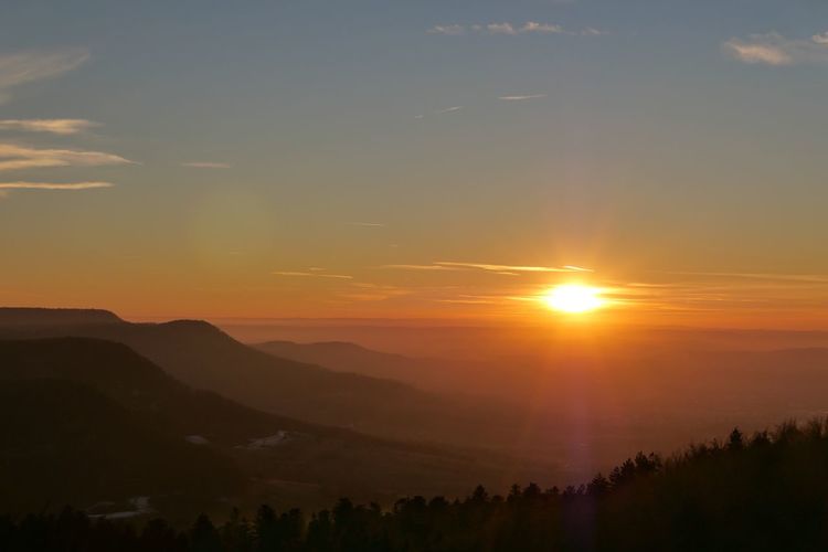 Scenic view of silhouette mountains against sky during sunset