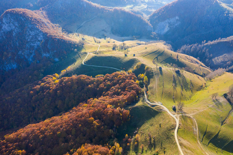 Autumn aerial shot of a ranch, homestead. drone view of rural place in transylvania, romania
