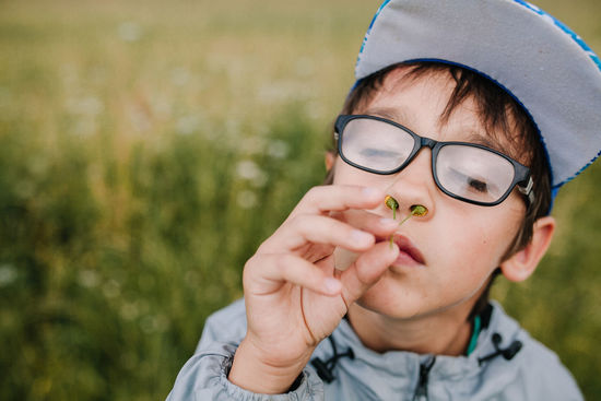 Close-up of boy putting flower into nose outdoors