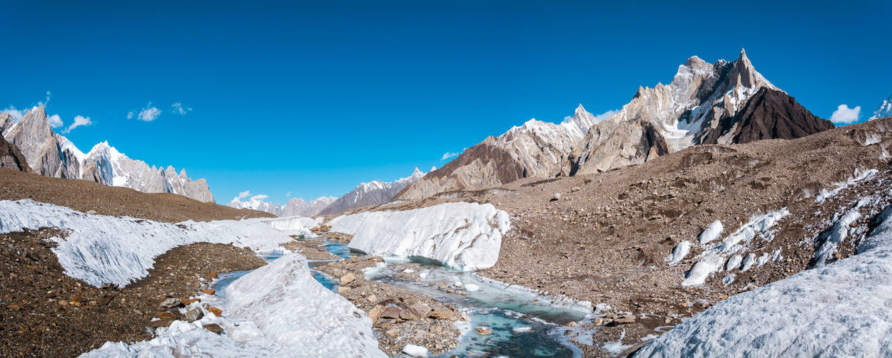 Panoramic view of snowcapped mountains against blue sky
