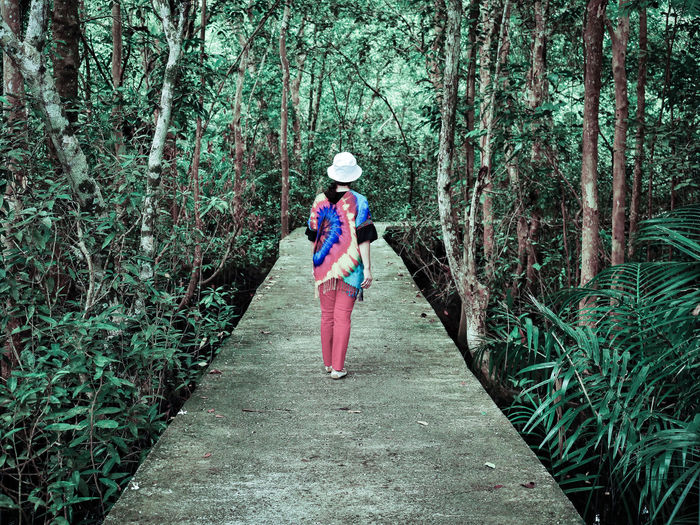 Full length of woman standing on footpath amidst trees in forest