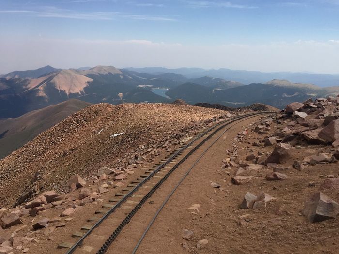 Scenic view of railroad tracks on mountains against sky