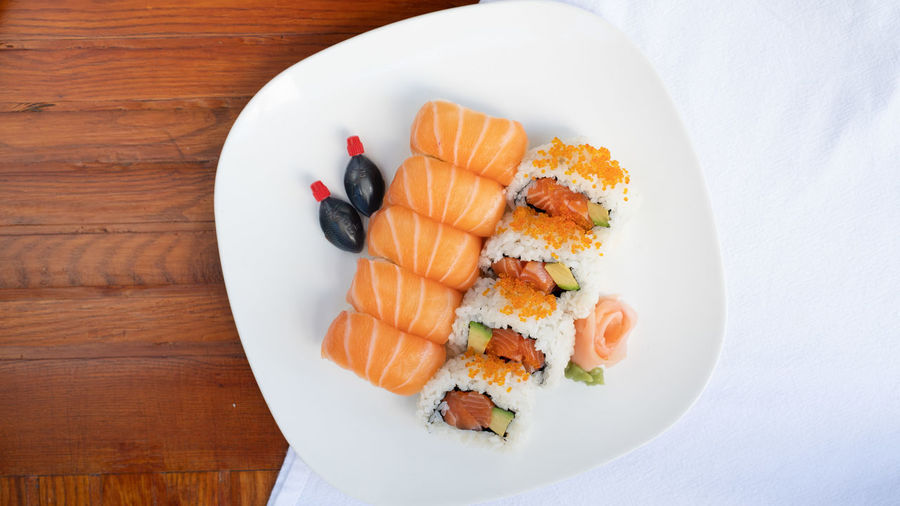 High angle view of sushi served in plate on table