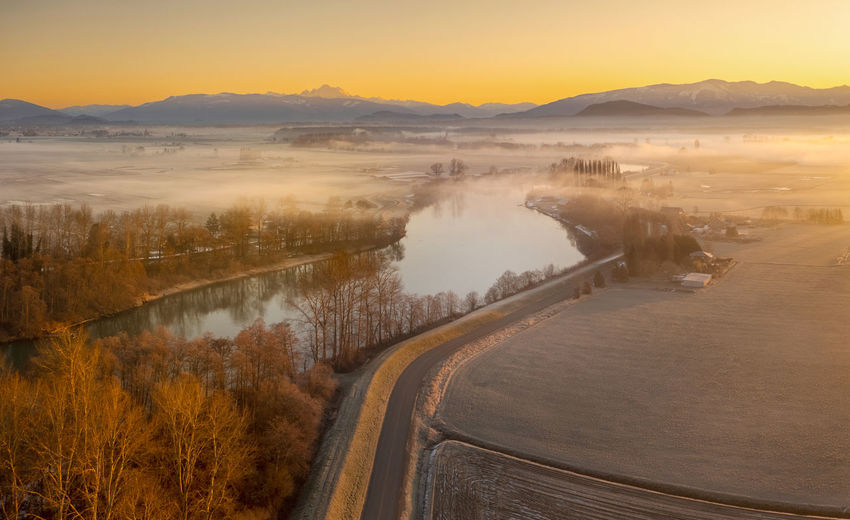 Aerial view of a beautiful skagit valley sunrise. 