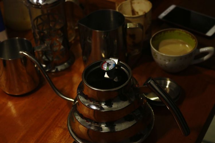 High angle view of tea pot on table